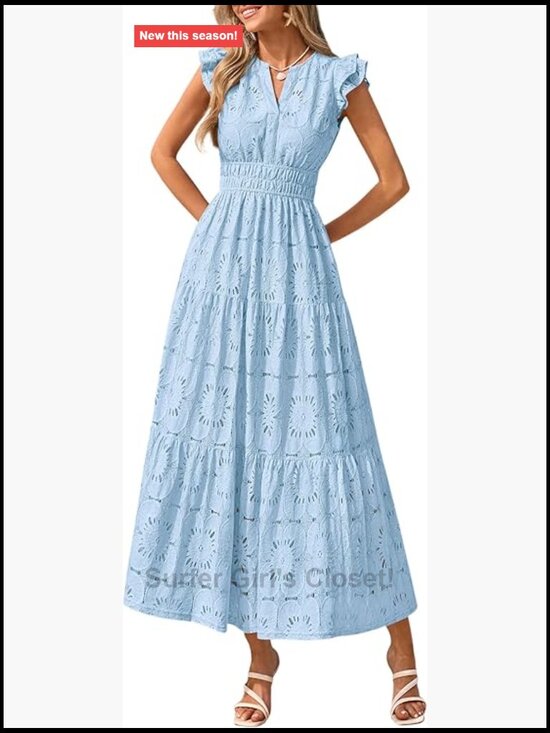 Dresses & Skirts - Boho Eyelet Lace Maxi Wedding Guest Dress with Flutter Sleeves